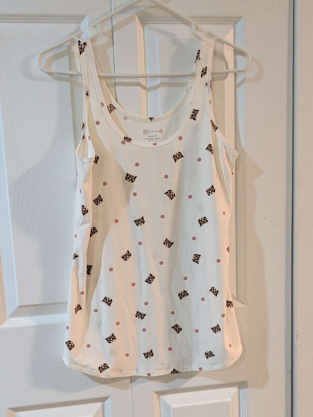 No Boundaries Cream Tank Top with Pink Polka Dots & Black Cat Faces